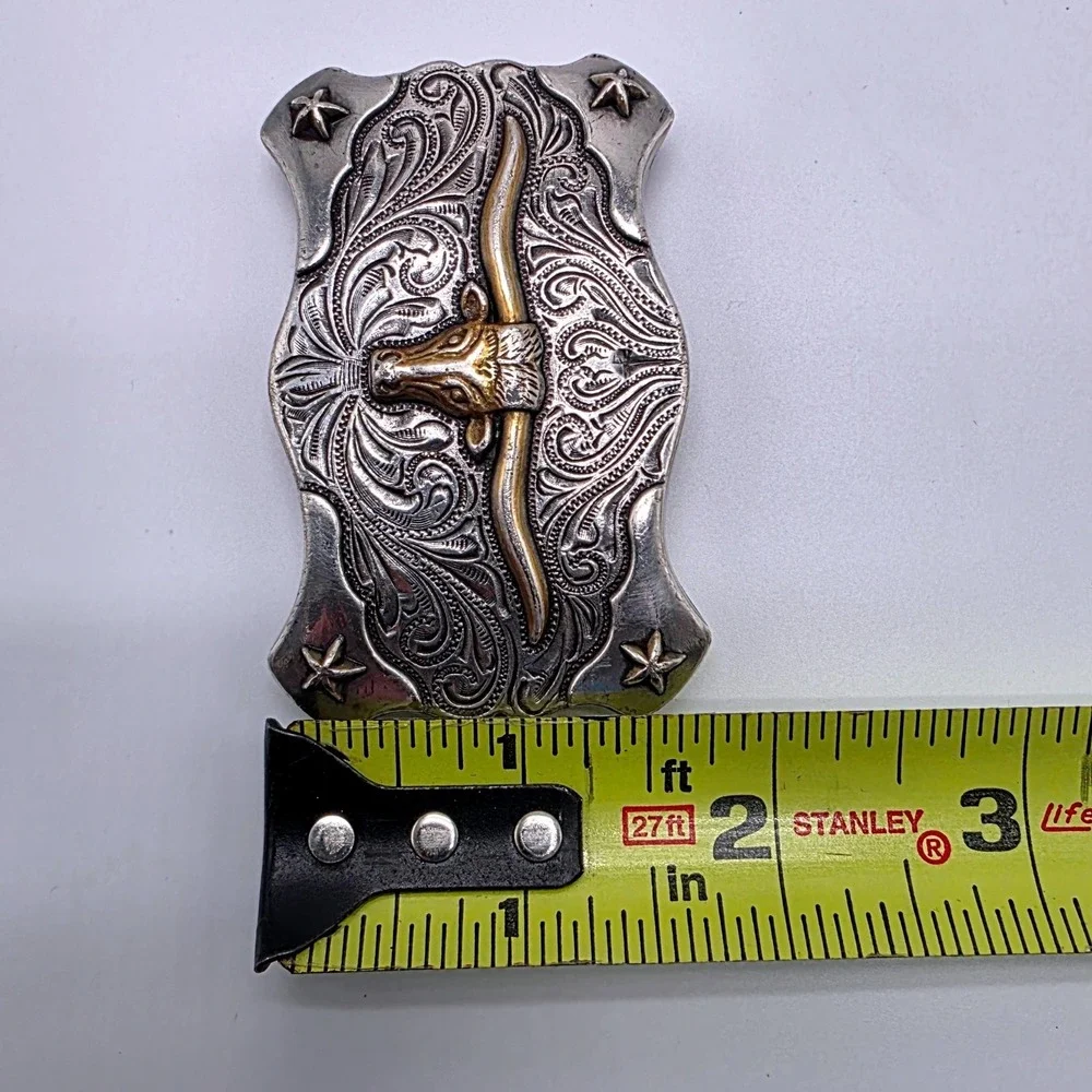 Tony Lama Silver Engraved Belt Buckle Longhorn Steer Corner Stars